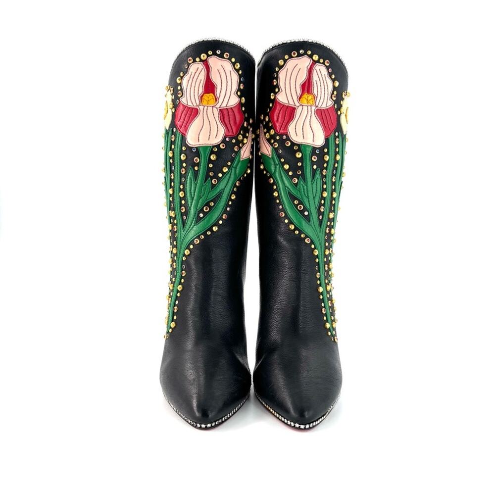 Gucci Intarsia Floral Rhinestone Embellished Black Leather Stiletto Boots 37 - Picture 6 of 10